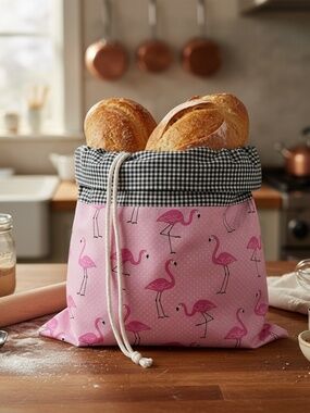 Pink Flamingo Bread Bag, Checkered Cotton Bread Bag, Reusable Bread Storage Bag